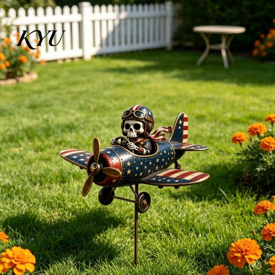 Unique Cemetery Decoration Metal Skeleton Pilot Airplane Wind Spinner with Ground Stake, Vintage American Flag Garden Halloween Stake Yard Rustic Iron