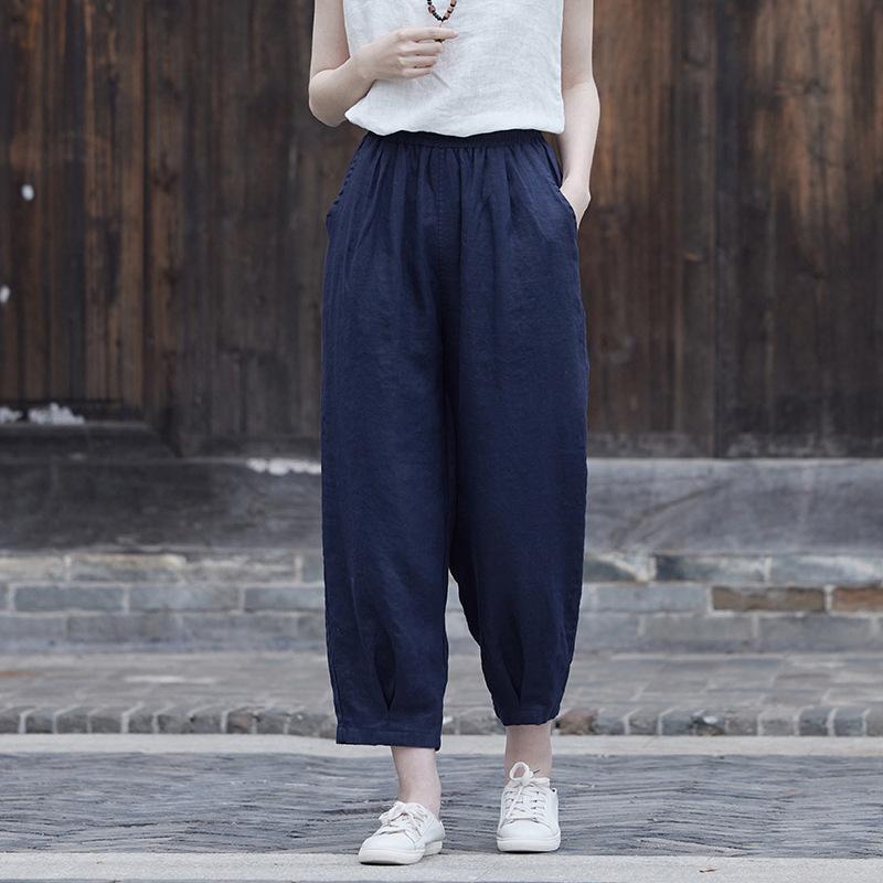 Johnature Women Cotton Linen Solid Color Straight Pants Elastic Waist Pockets Autumn Casual Pants Soft Fall Trouser