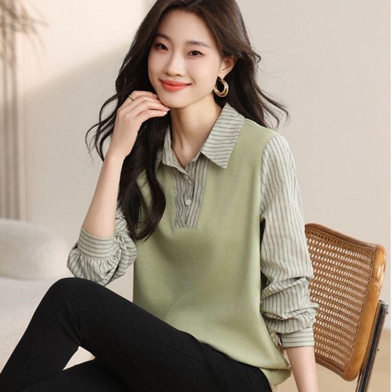 

Fake Two-Piece Vertical Striped Long Sleeves Shirt Knitting Tops Women s Spring 2025 Spring and Autumn Chiffon Bottoming Shirt New Arrival Shirt Green S