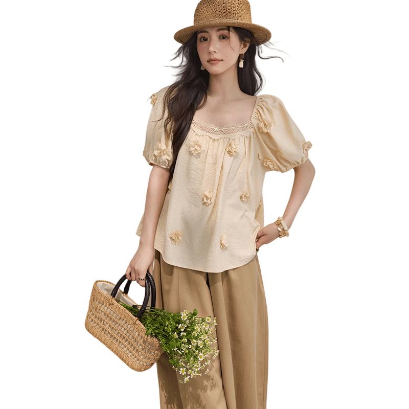 Women s Cream Yellow 3D Floral Puff Sleeve Lace Blouse S