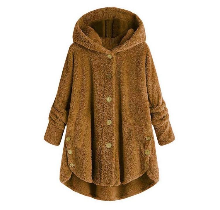 Women's Coat Button Plush Solid Color Hooded Jacket