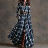 New retro plaid waist and thin irregular design lapel long-sleeved dress women