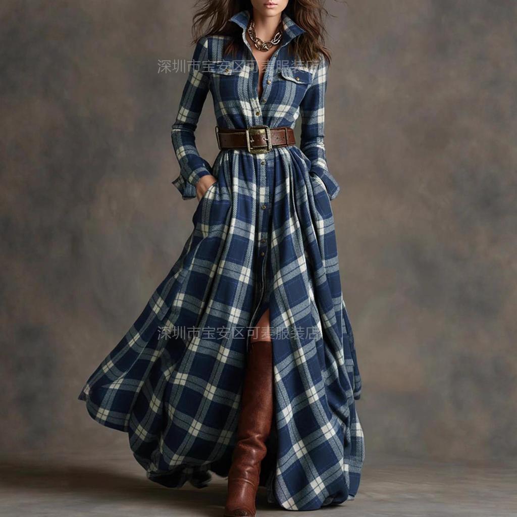 New retro plaid waist and thin irregular design lapel long-sleeved dress women