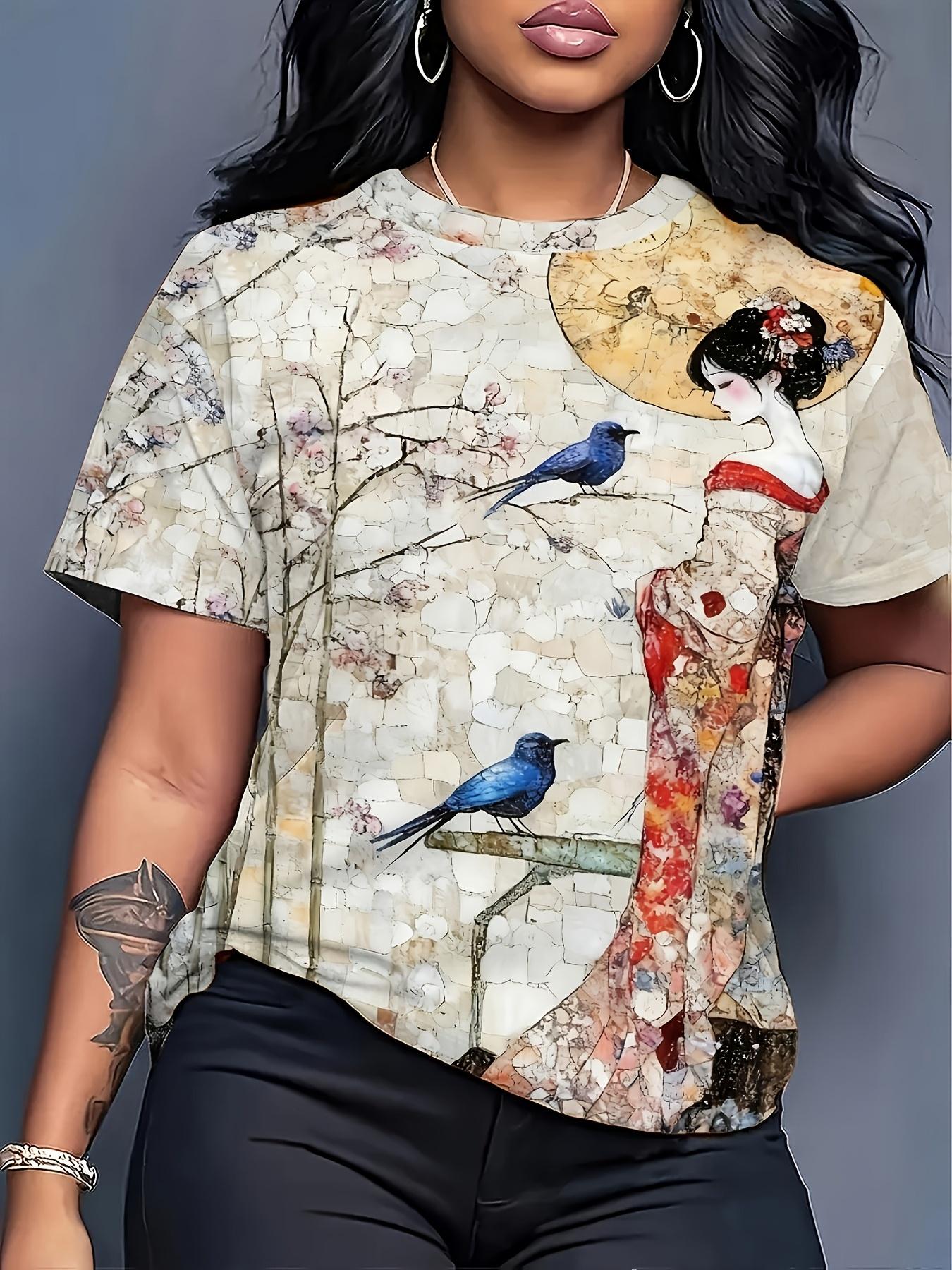

Women s Ukiyo-e T-Shirt - Vintage Geisha ; Cherry Blossom Print Soft Casual Top Suitable for Daily Wear. Dates. Weekend Outfits - Machine Washable Blo 3XL дубильна кора