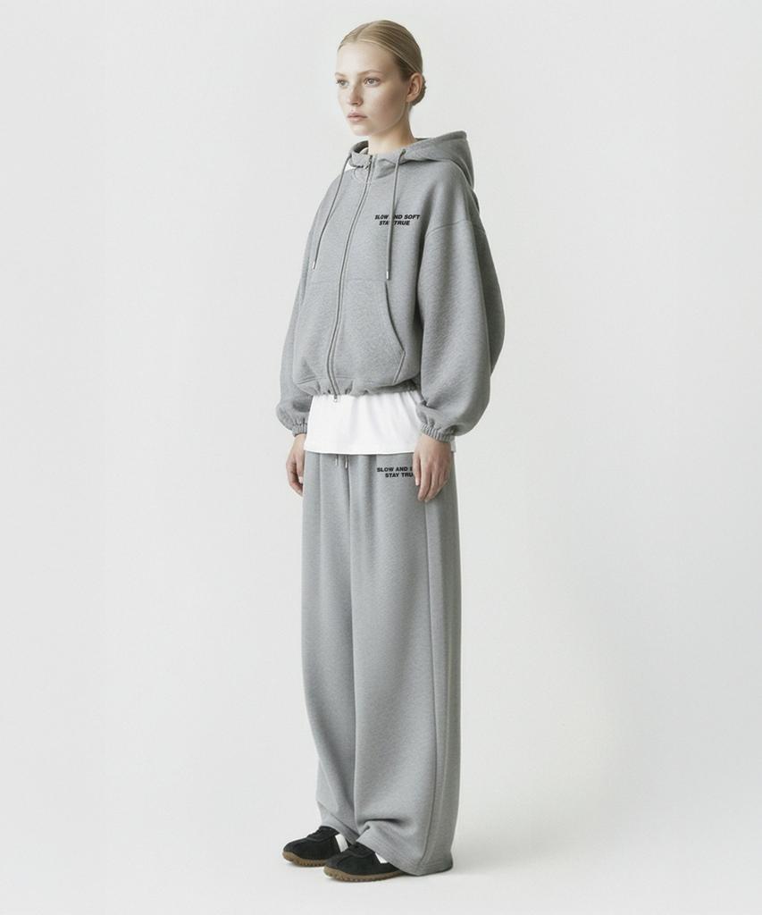 Prinoar [Set] Slow And Soft String Oversized Two-Way Zip-Up Hoodie + One-Pleat String Pants - Melange