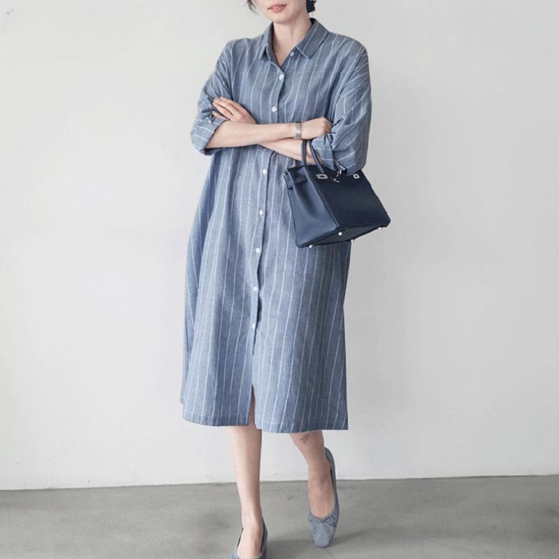 

Повседневное женское платье-рубашка с отложным воротником и длинным рукавом в полоску S светло-синий