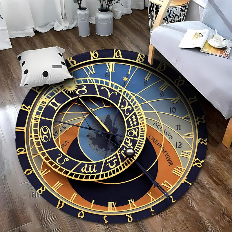 Vintage Prague Astronomical Clock Round Rug Medieval Astrology Zodiac Non-Slip Carpet for Gothic Steampunk Home Decor mat