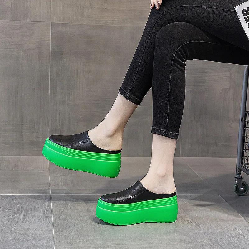 Fashion 2024 new Half slippers women's spring  slippers women's shoes solid color thick sole height 8cm green sole personality half drag