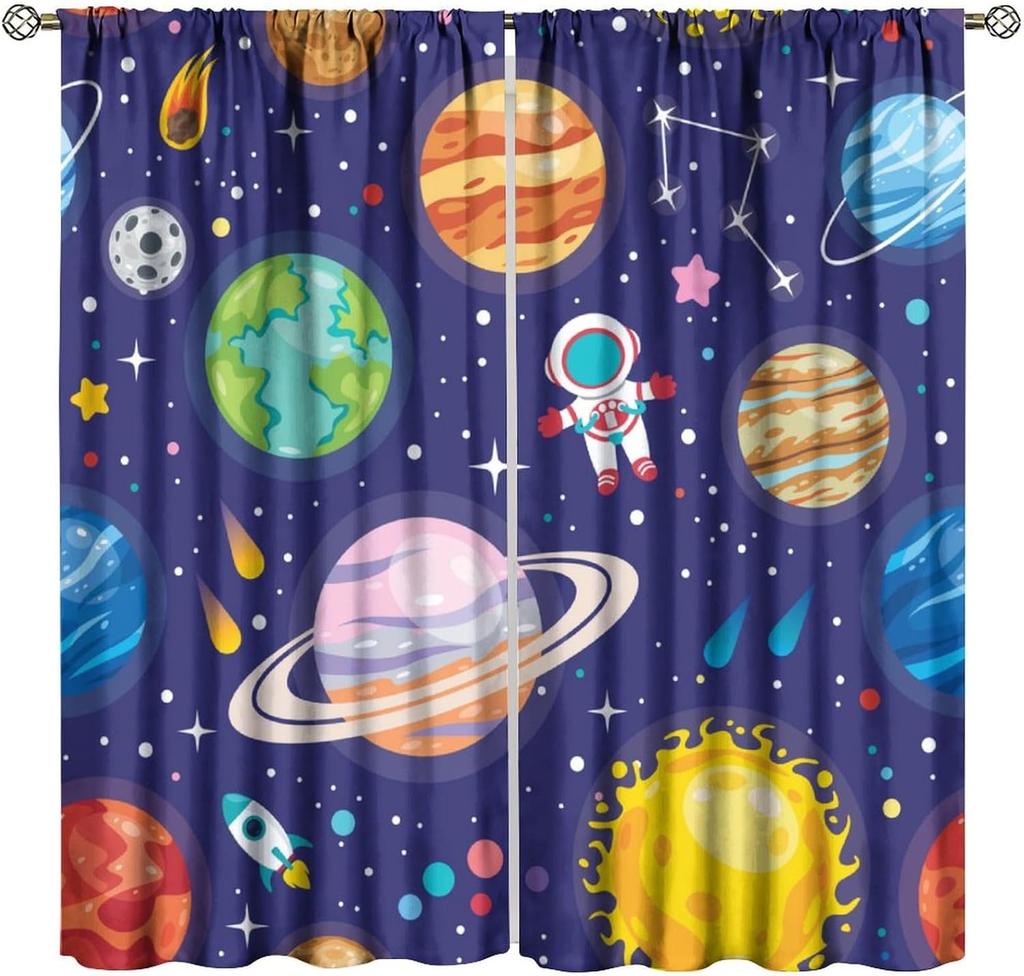 Solar System Window Curtains, Outer Space Space Astronaut Galaxy Window Treatments for Kids Boys Girls Bedroom Living Room