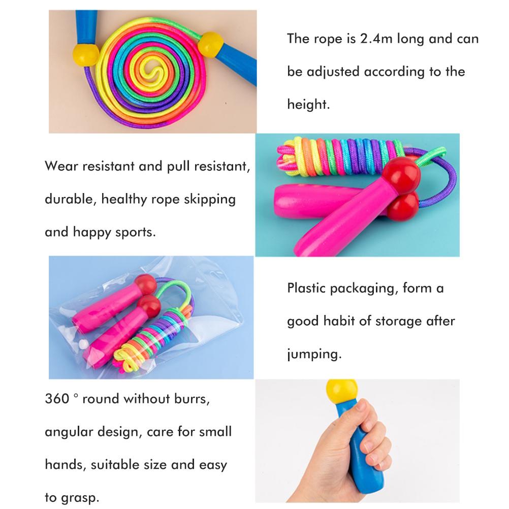 2 Pcs Jump Rope for Kids Adjustable Rainbow Jumping Rope with Wooden Handle for Outdoor Fun Sport