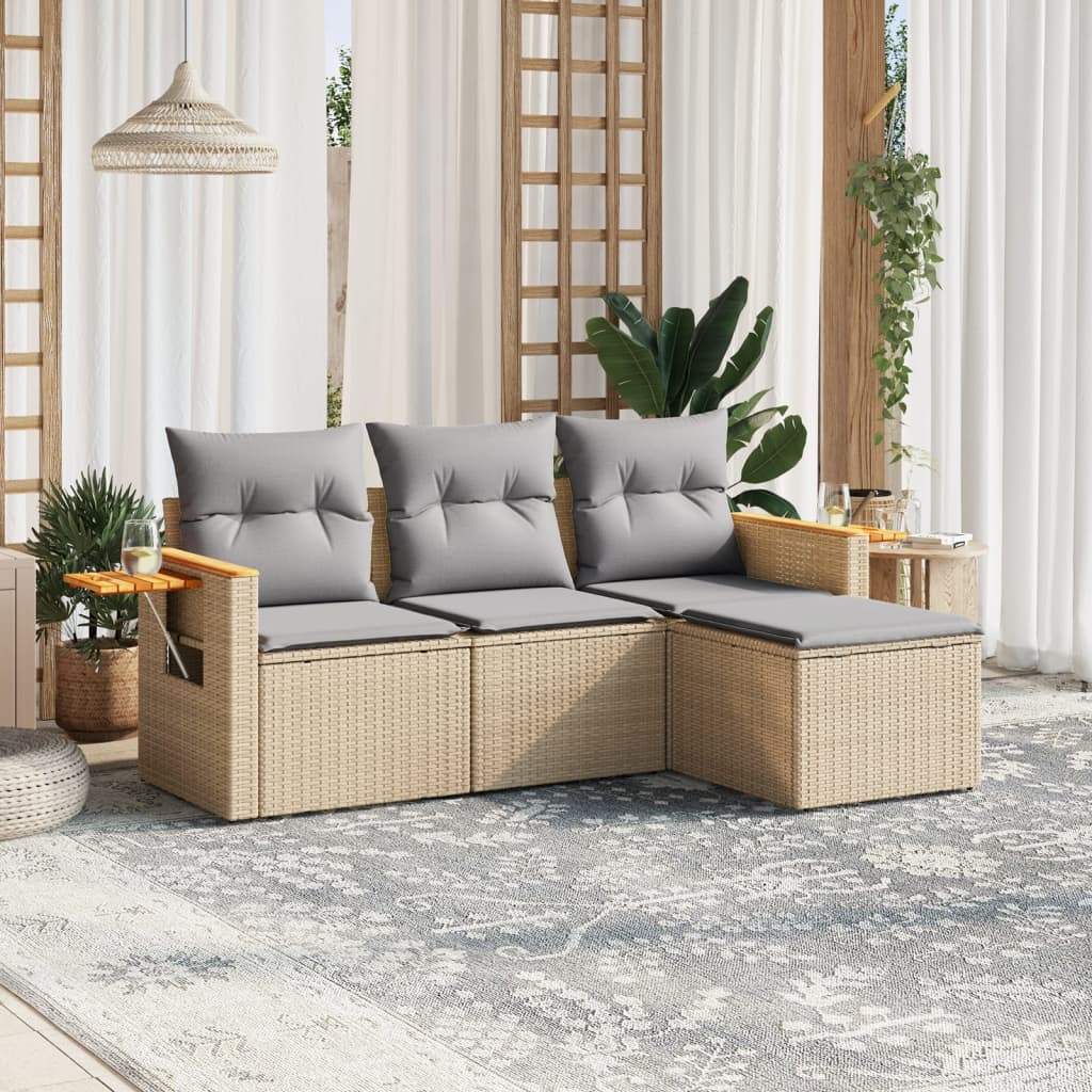 Vidaxl 4-Cz. Garden Furniture Set With Cushions, Beige, Poly Rattan