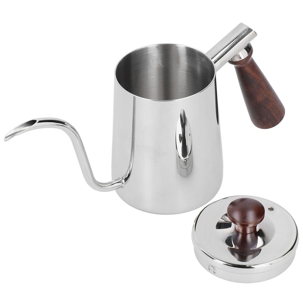 Tragbare Edelstahl-Kaffeekanne mit Holzgriff Langem Schwanenhalsausguss Café-Kessel Silber 700ml