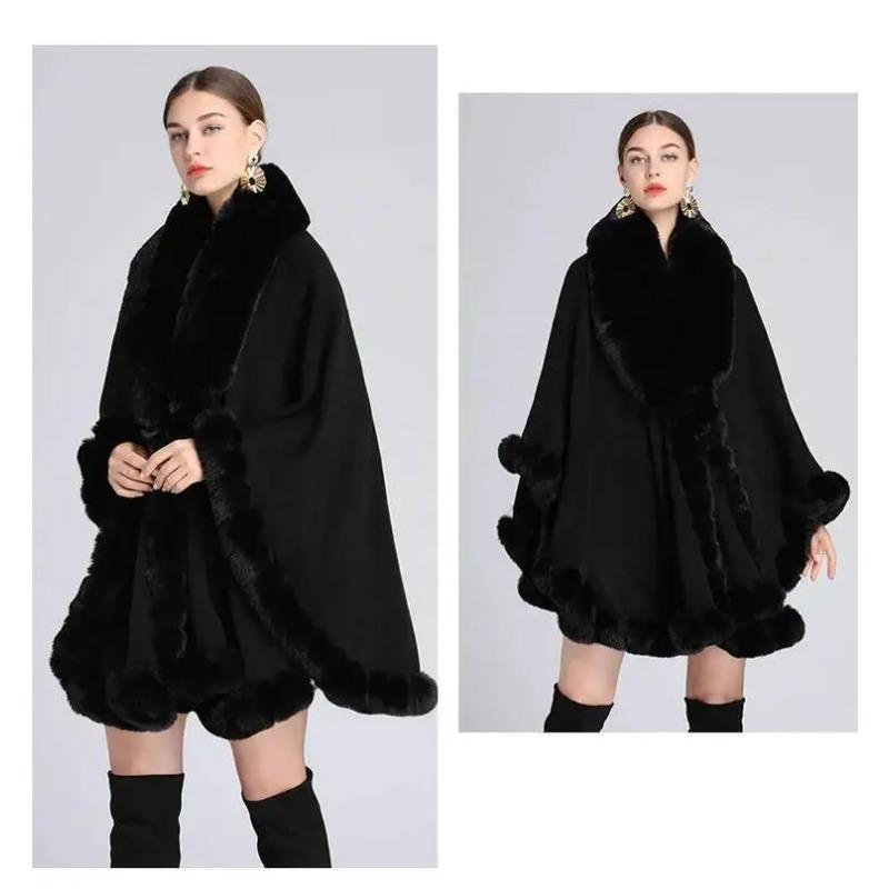 Cape en Fourrure Femme Vêtements d'Hiver Ponchos Épais et Chauds Châle Shawl Manteau Cardigan Longs Amples Manteaux