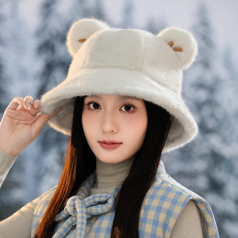 Autumn and winter hats women's thickened plush bucket hats show small faces bucket hats cute ears warm basin hats