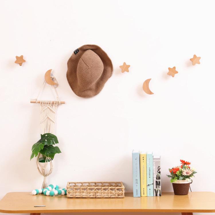 Nordic Solid Wood Star & Moon Wall Hook Set - Punch-Free Design for Coats & Hats