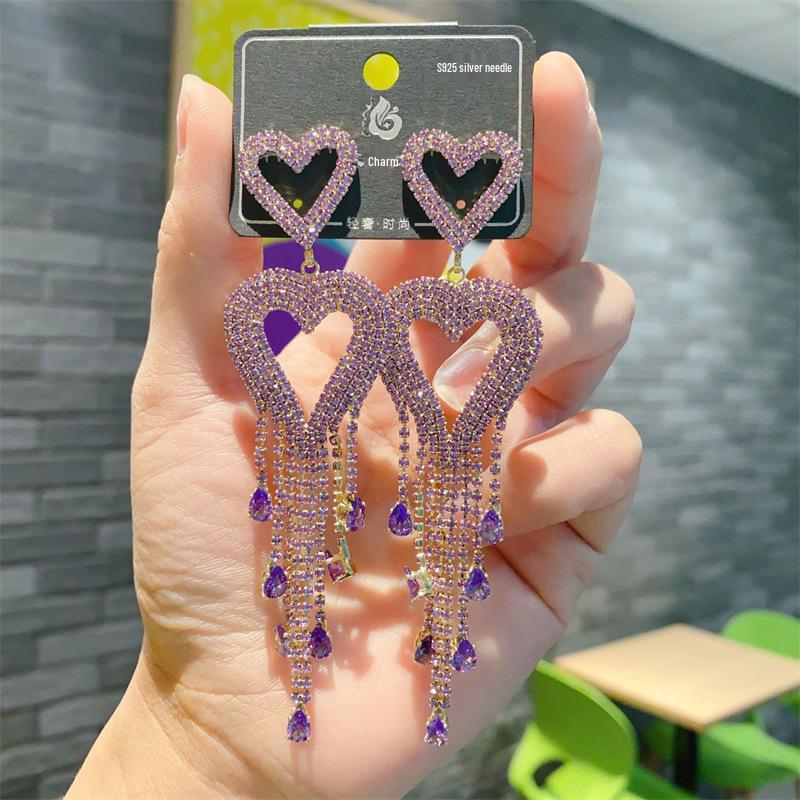 S925 Silver Needle Rhinestone Tassel Earrings - Exquisite Long Claw Chain with Colored Diamonds, European & American Style