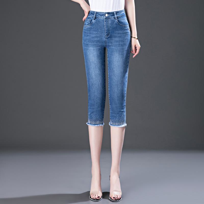 

High-Waisted Rhinestone Frayed Capri Pants for Middle-Aged Women 31/3XL синий