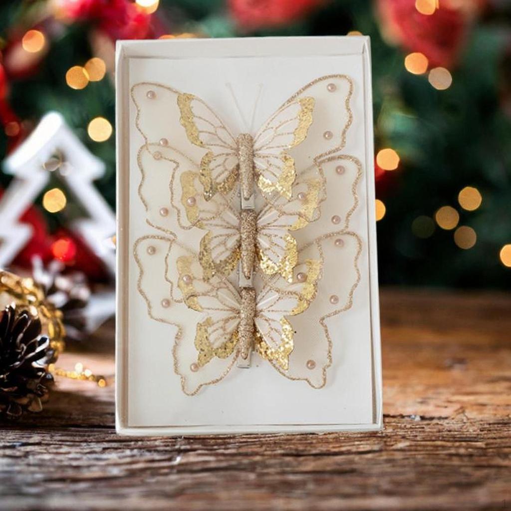 3Pcs Butterfly Christmas Tree Decorations Glitter Butterflies Bedroom Office Hanging for