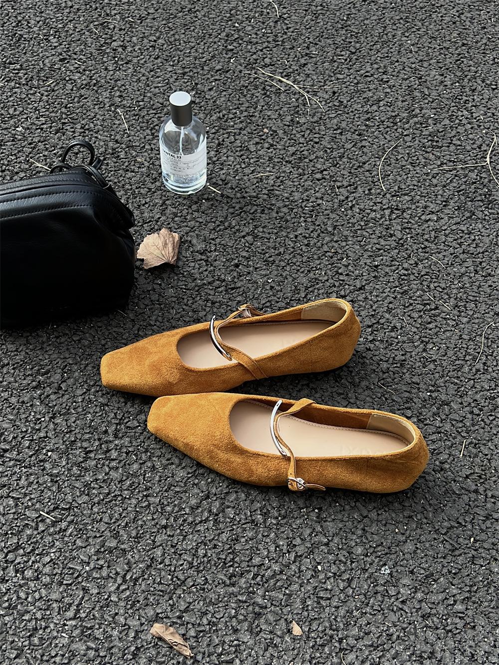 

DUXI Французские туфли Мэри Джейн на плоской подошве с квадратным носком женские 2025 новая весна и осень нежные черные замшевые вечерние туфли 39