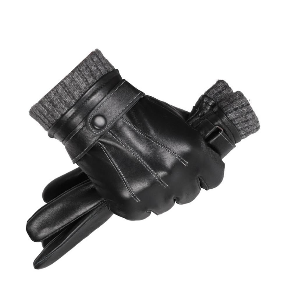 Winter Genuine Sheepskin Leather Gloves Men Warm Velvet Lined Full Finger Touchscreen Outdoor Cycling Driving Motorcycle Gloves