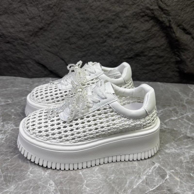 

Summer Cutout Mesh Woven Shoes Woman Casual Sneakers Round Toe Breathable Mesh Lightweight Front Lace-Up Booster Platform Shoes 35 белый