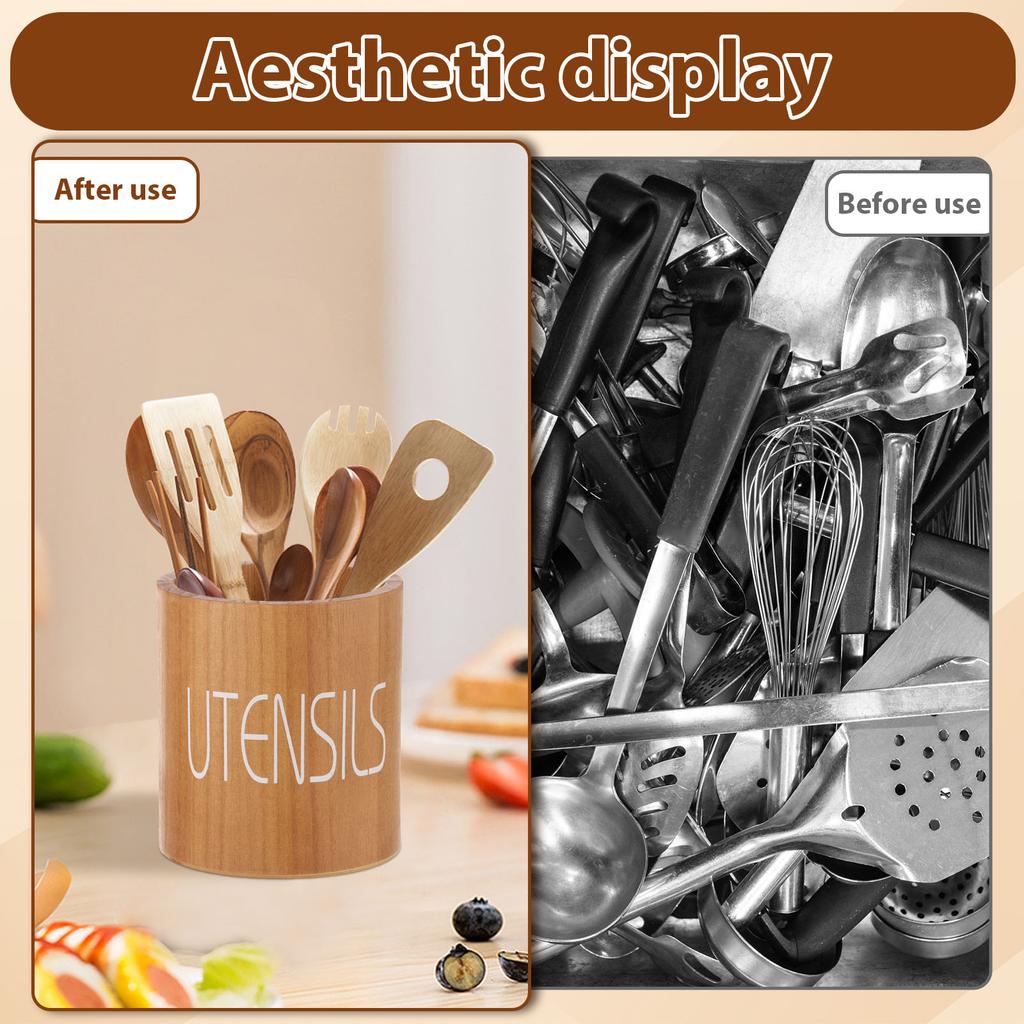 Porte-ustensiles en bois avec repose-cuillère Seau de rangement rond pour couteaux et fourchettes Organisateur de boîte pour couverts et spatules pour comptoir de cuisine