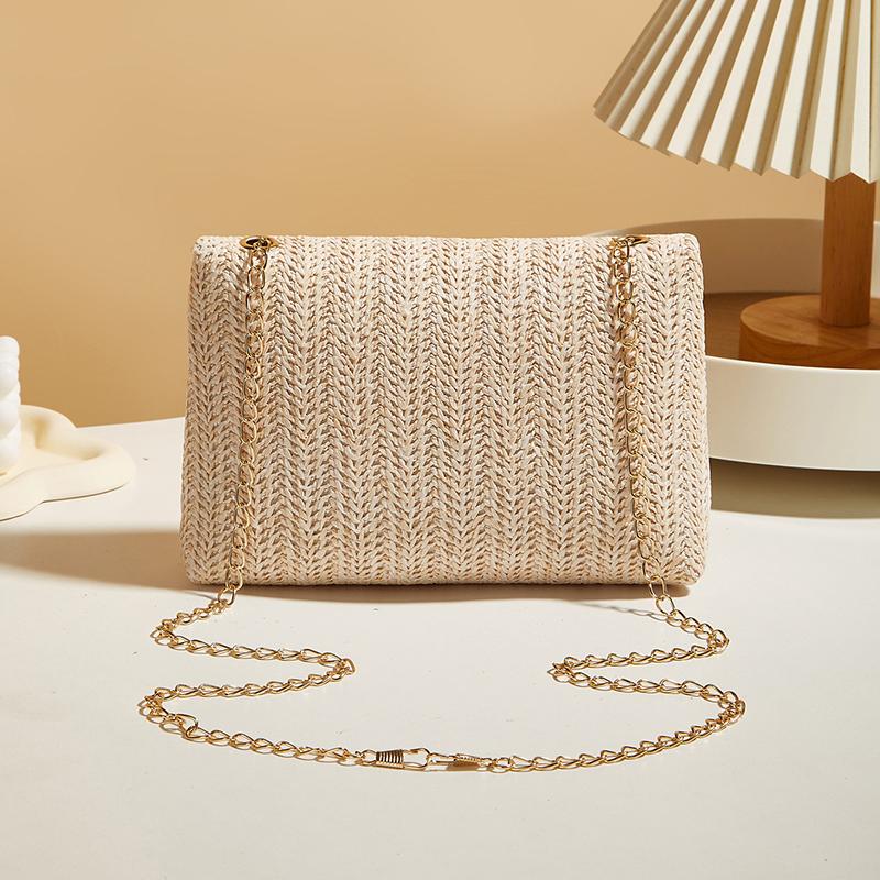 Straw Women Chain Shoulder Bag Woven High Capacity Buckle Closure Clutch Handmade Crossbody Bag Women