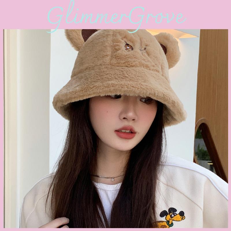 Cartoon Bear Fisherman Hat For Women Cute Warm Polyester Cap For Winter Outdoor Activities