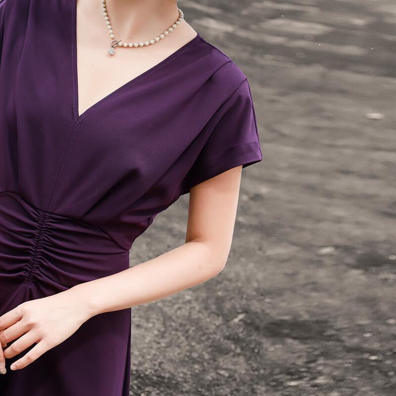 Lanseer Elegant V-Neck Pleated Purple Midi Dress