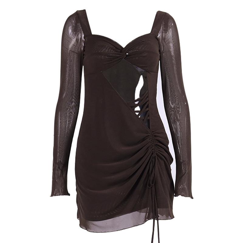 Autumn and Winter Dress, Sexy Mesh Perspective Hollowed-out Pleated Split-end Pleated Hip-wrapped Short Dress Dress Women