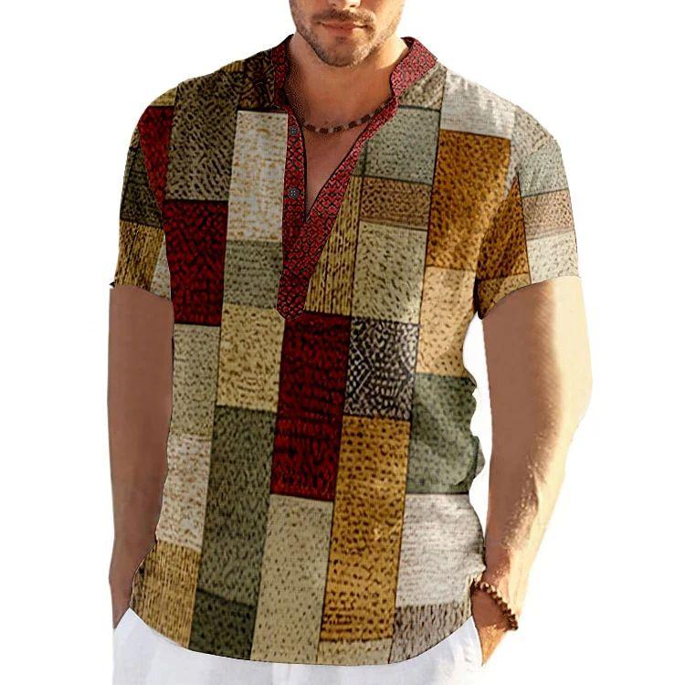 Vintage Men'S 3D Faion Patchwork Printed Irt Oversized Autumn Collar Fce Lined Thiened Nine-Quarter Sve