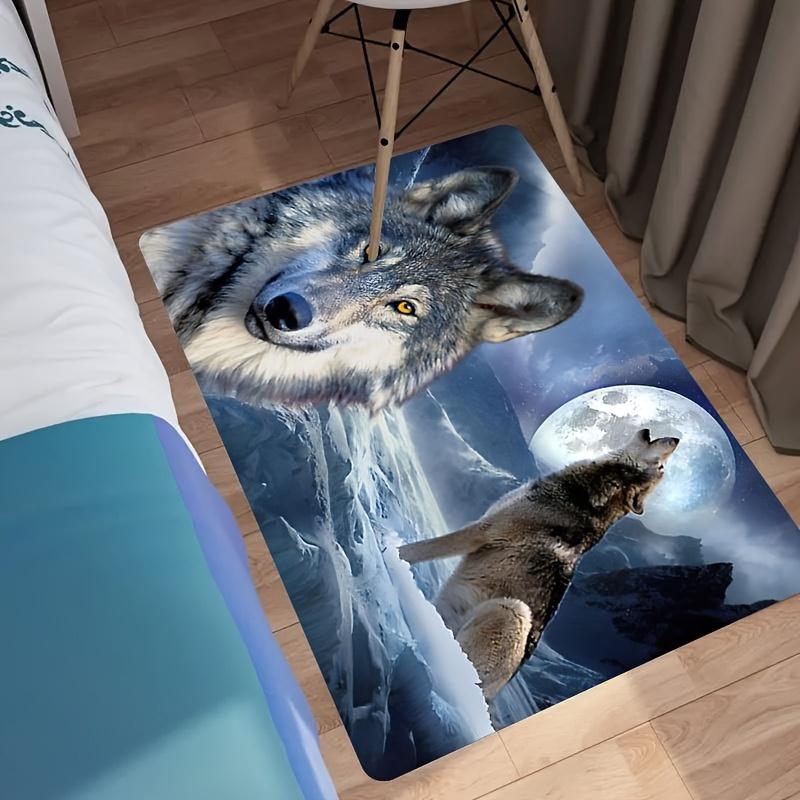 1pc 2D Flat Howling Wolf Moon Mountain Landscape Flannel Area Rug Non Slip Nature Art Carpet For Living Room Bedroom Decor