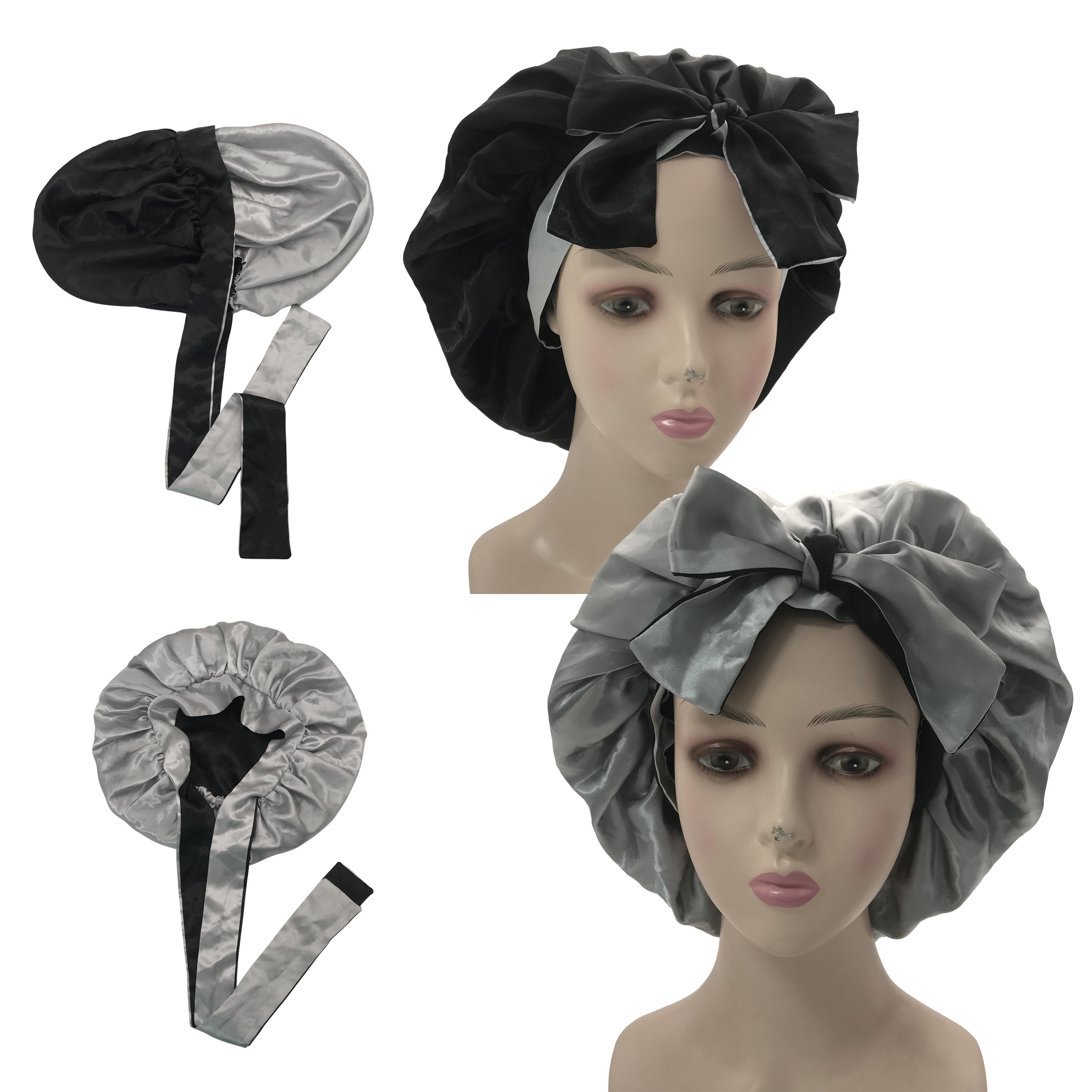 Fashion Kids and Adults Size Satin Silk Bonnet Reversible Long Band Head Ties Bonnet with Custom logo size