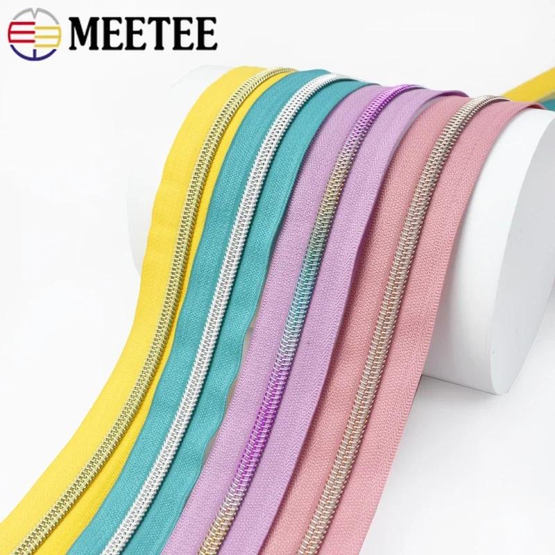 1/2/3/4/5M Meetee 5# Nylon Zipper Tapes Decor Rainbow Teeth Zips for Pocket Handbag DIY Coat Zip Repair Kit Sewing Accessories