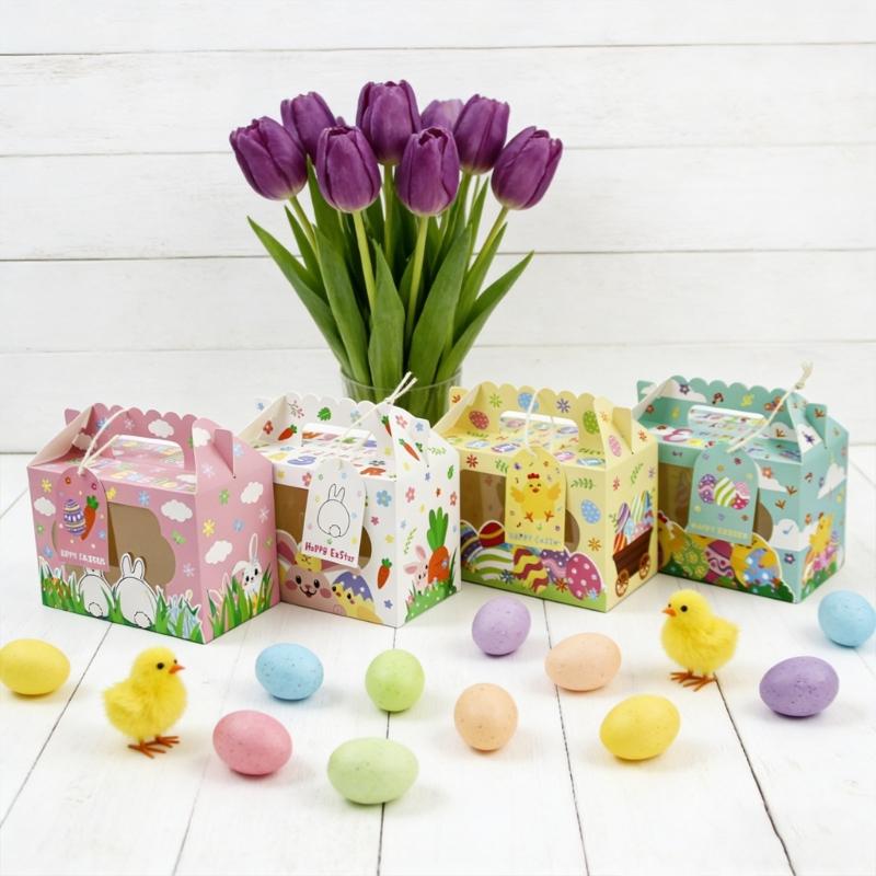 12Pcs Easter Themed Gift Packaging Boxes with Handles and Clear Window Candy Chocolate Holder Case for Holiday Supplies
