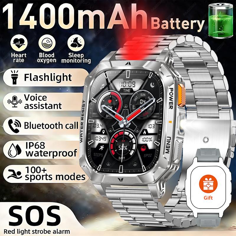 New Rugged Military Smart Watch Men 1400 mAh battery 2.01inch Bluetooth Call Health monitoring device LED flashlight Smart watch
