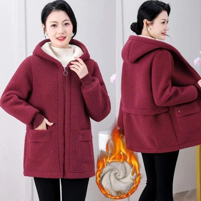 Winter Thick Fleece Single Breasted Lamb Fur Women's Coat Hooded Lapel Pocket Imitation Fur Warm Casual Jacket Female