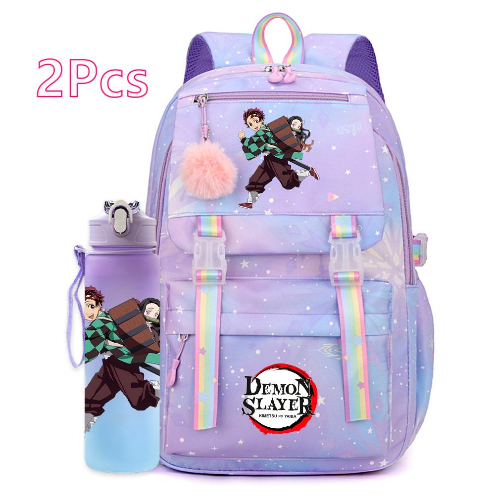 2Pcs/set Cartoon Demon Slayer Printed Backpack with 750Ml Water Bottler for Teenager Girl Boy Large Capacity Waterproof Bookbag Travel Bag Gift