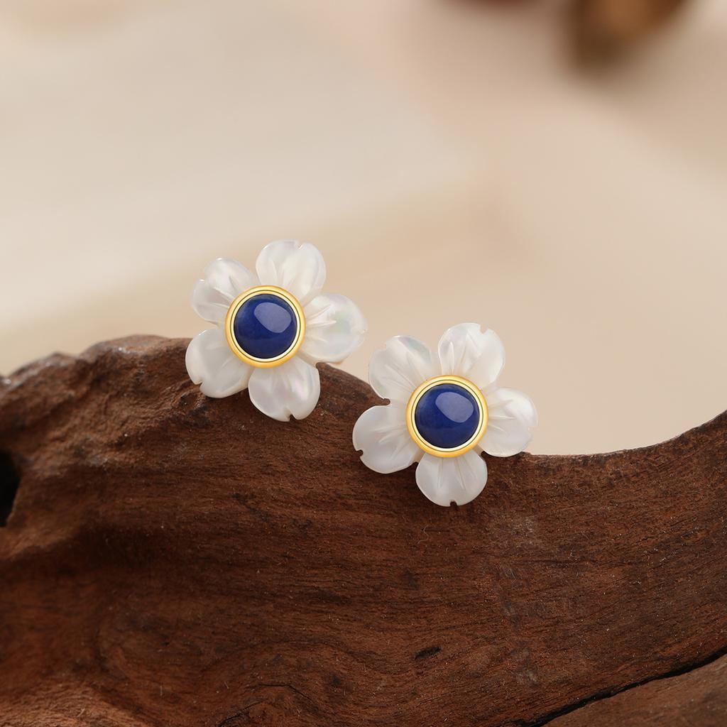Flower s925 sterling silver stud earrings natural lapis lazuli new design sense small fresh sweet accessories women