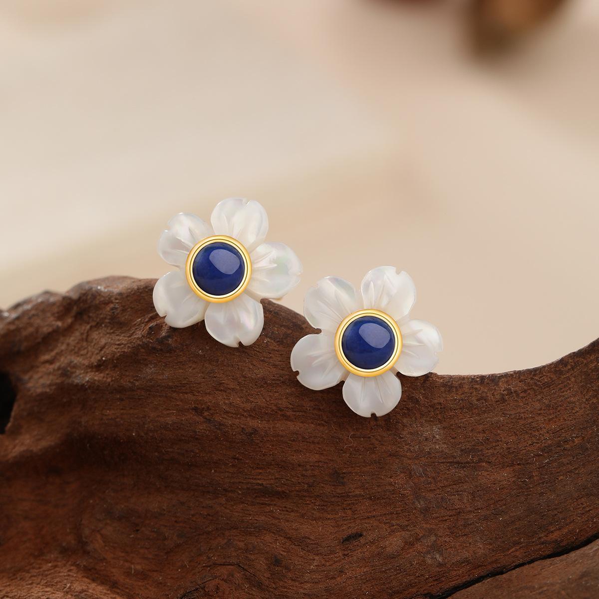 Flower s925 sterling silver stud earrings natural lapis lazuli new design sense small fresh sweet accessories women 925 silver