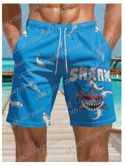 New fast men s street shorts, trendy beach, informal shark pattern Hawaiian shorts S