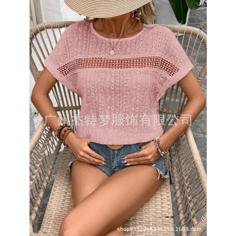 IHUASU Women's Fashion Casual O-Neck Short Sleeve Blouses & Shirts