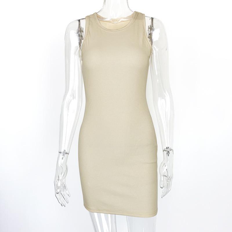 Sommer Ärmellos Sexy Tasche Hüfte Kurz Kleid Einfach Schlankmachend Tanktop O-Ausschnitt Mini Kleider Basic Mode Bodycon Party Elegant Kleidung