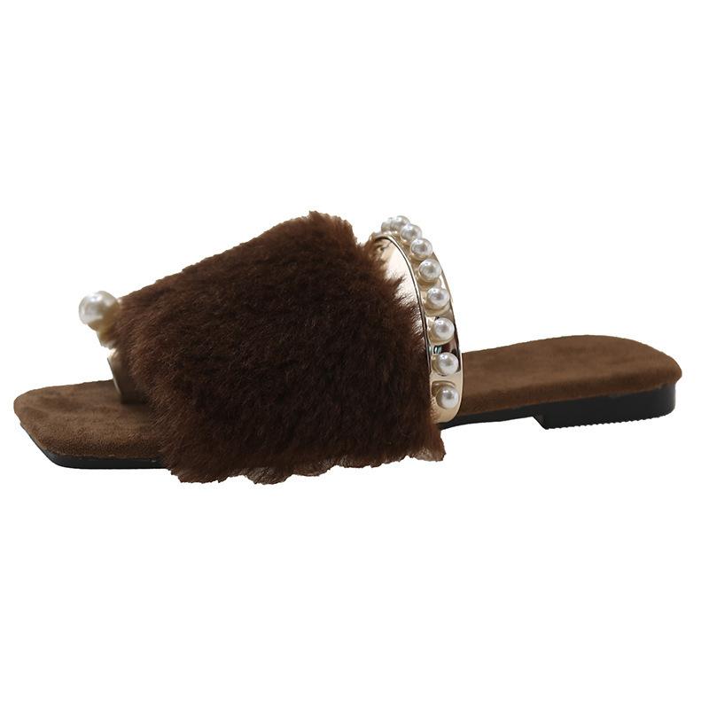 

Fairy wind French fluffy slippers female outer wear 2024 summer and autumn new Xiaoxiangfeng flat bottom non-slip lazy one-word drag 40 хакі