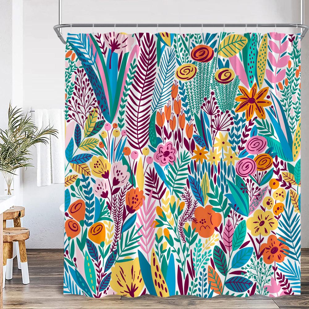 Colorful Boho Floral Shower Curtain Oil Painting Flowers Green Leaf Plant Spring Bathroom Decor Retro Polyester Bathtub Curtain