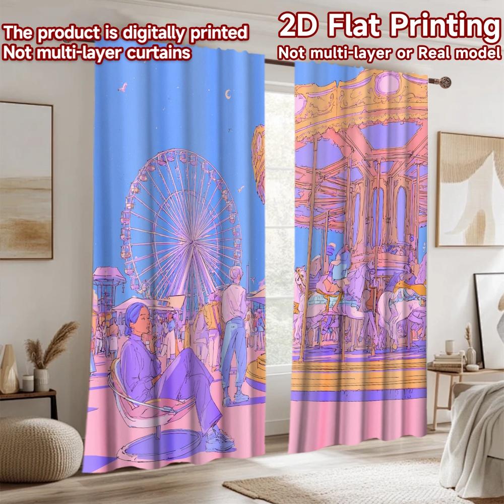 2D Flachdruck 2 Stück Szenenvorhang Vergnügungspark, Riesenrad, Karussell, Spaß, Sommer Digital Bedruckte Polyester Vorhänge Party
