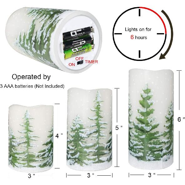 Wondise Flickering Flameless Pillar Candles with Timer, Battery Operated Real Wax Warm Light Christmas Tree Pine Tree Decal Candle for Home
