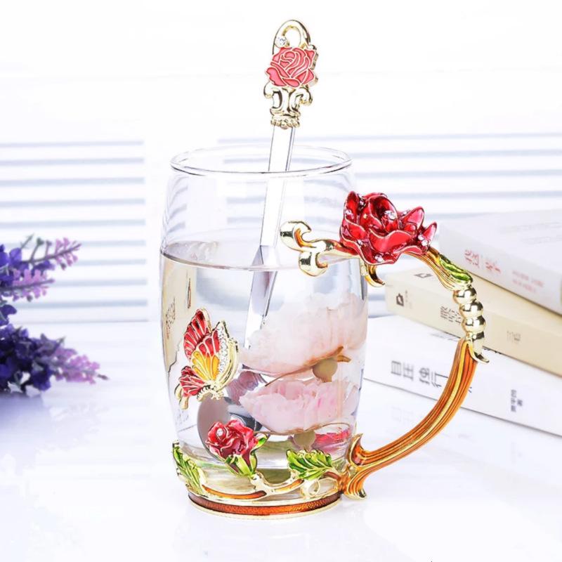 

Hand-made Enamel Crystal Cup Glass Coffee Mug Gift Box Tea Cup and Mugs High-grade Glass Cup Couple Mug Lover Wedding Gift