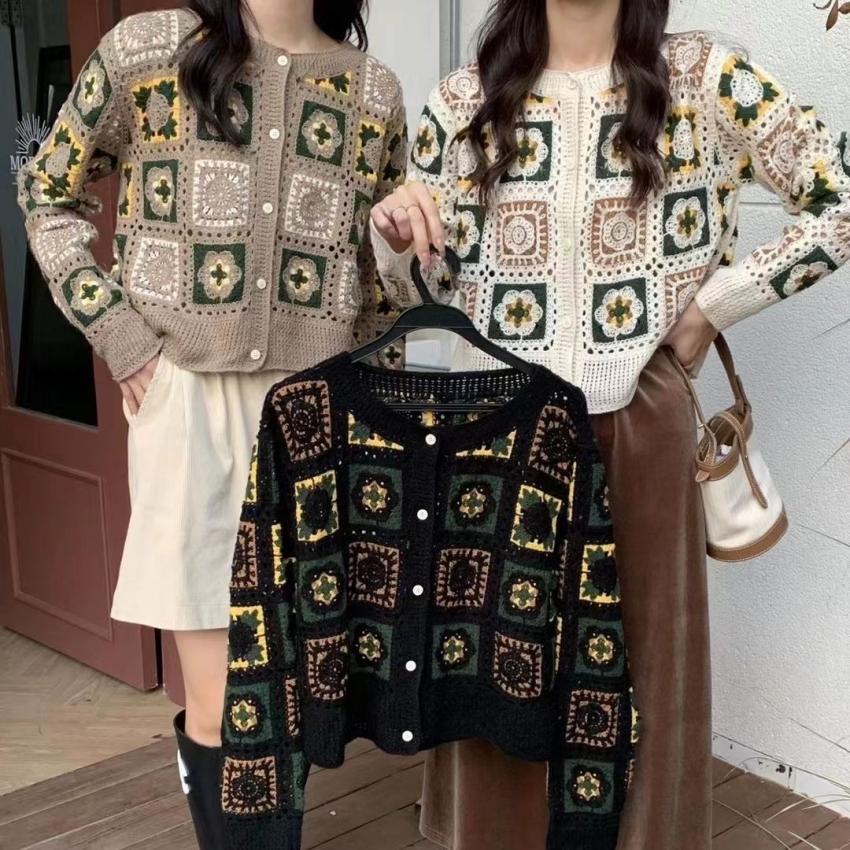 Retro Ethnic Style Crochet Knit Tops Women Flower Embroidery Knit Sweaters Cardigans Female 2023 Spring Autumn Knitted Coat Boho