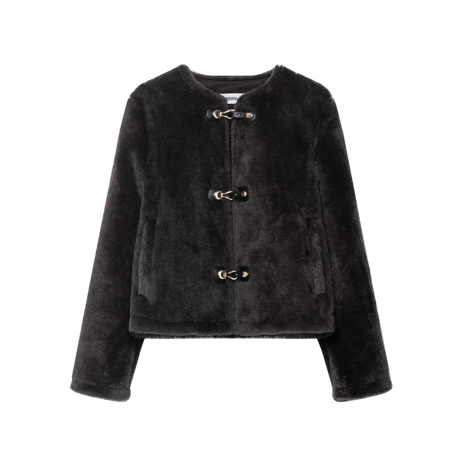Women s Autumn & Winter Faux Fur Double-Breasted Coat with Round Neck and Long Sleeves - Euro-American Style Medium